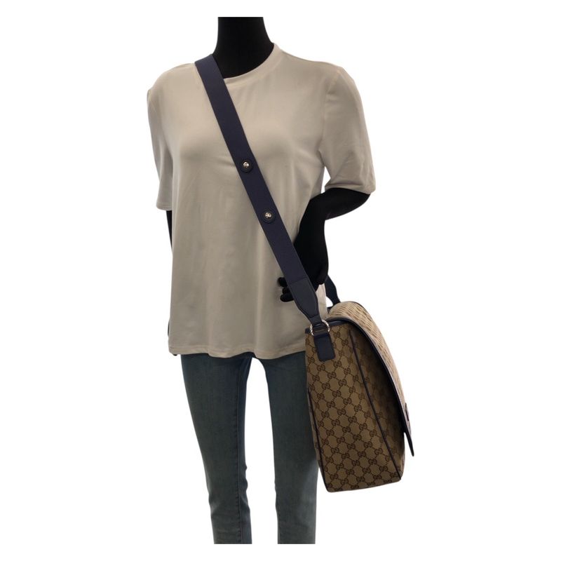 Gucci Beige Blue Silver GG Canvas Leather Shoulder Bag