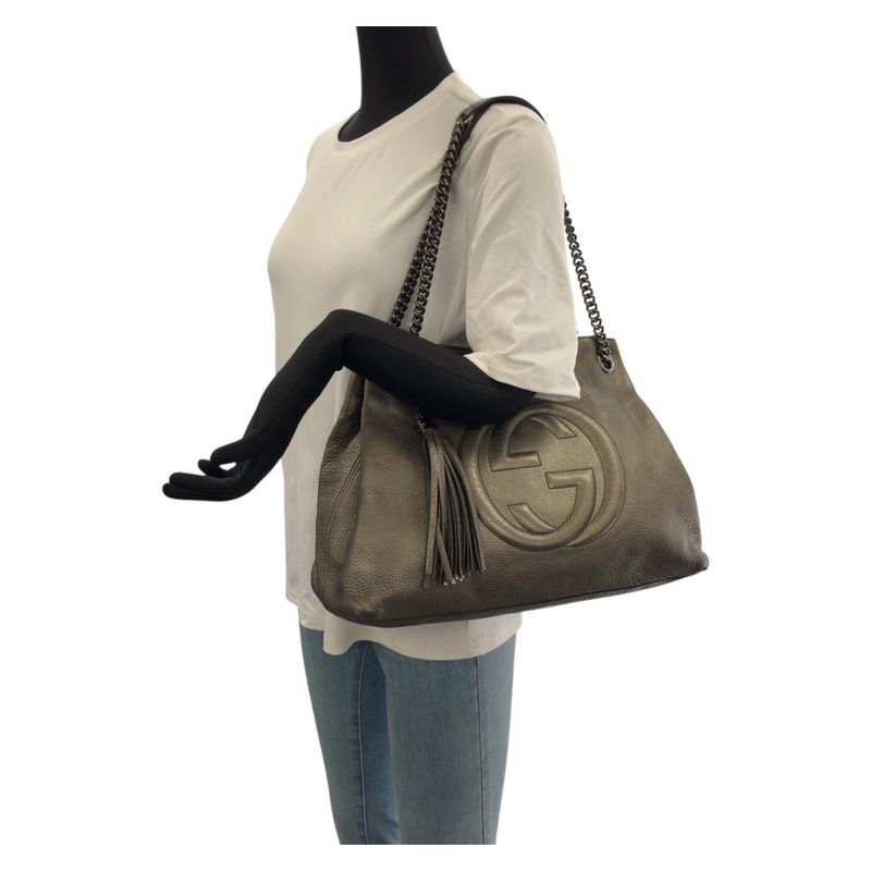 Gucci Soho Tassel Gray Gunmetal Leather Chain Shoulder Bag Tote