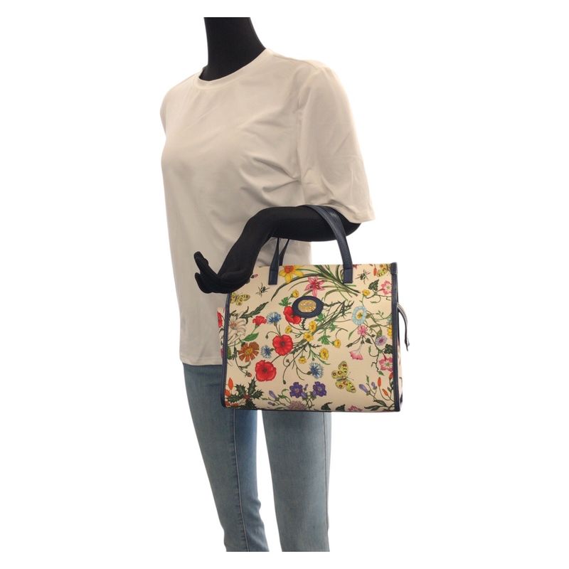 Gucci Flora Floral Pattern Multicolor Canvas Leather Tote