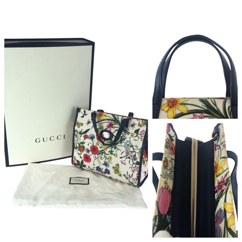 Gucci Flora Floral Pattern Multicolor Canvas Leather Tote