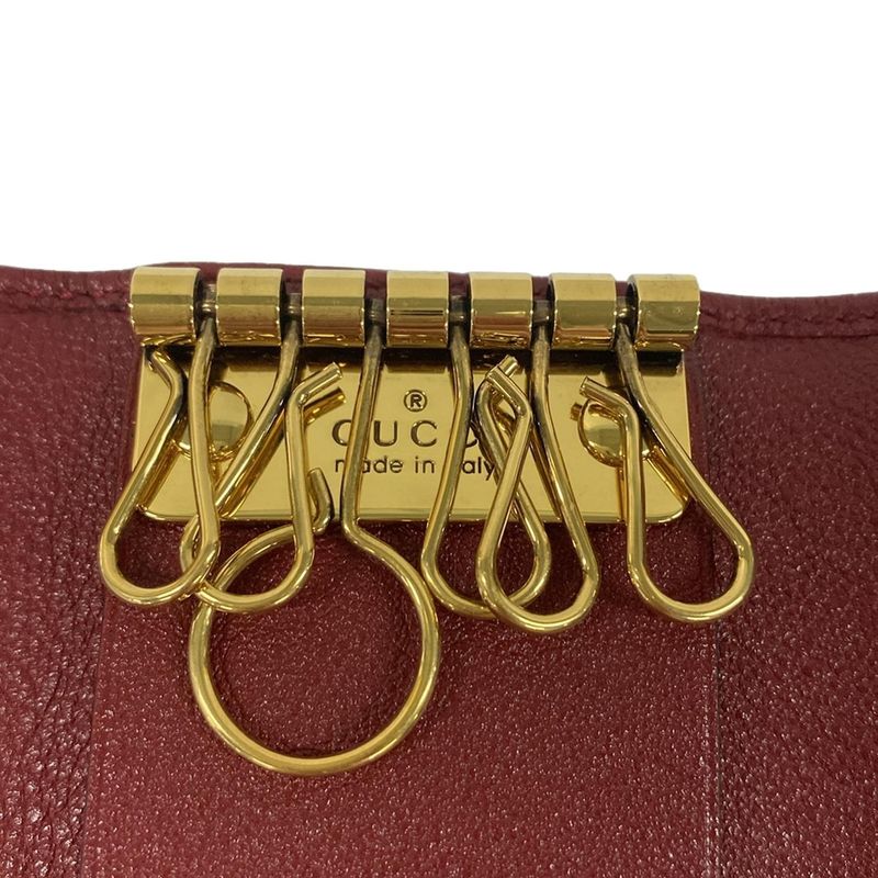 Gucci Key Case GG Marmont Bamboo Closure Red Beige 6 Hooks Leather Key Holder X