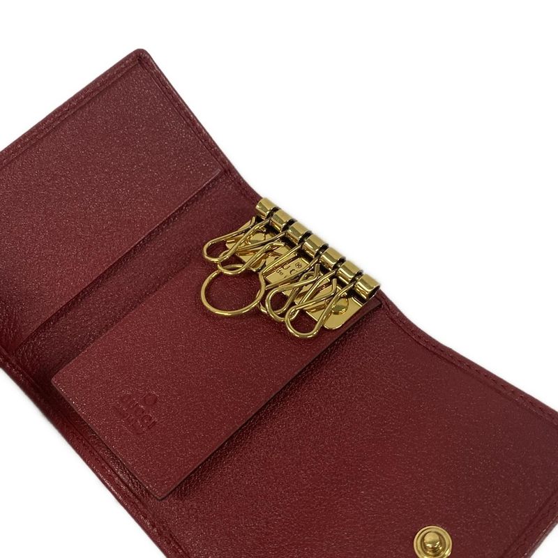 Gucci Key Case GG Marmont Bamboo Closure Red Beige 6 Hooks Leather Key Holder X