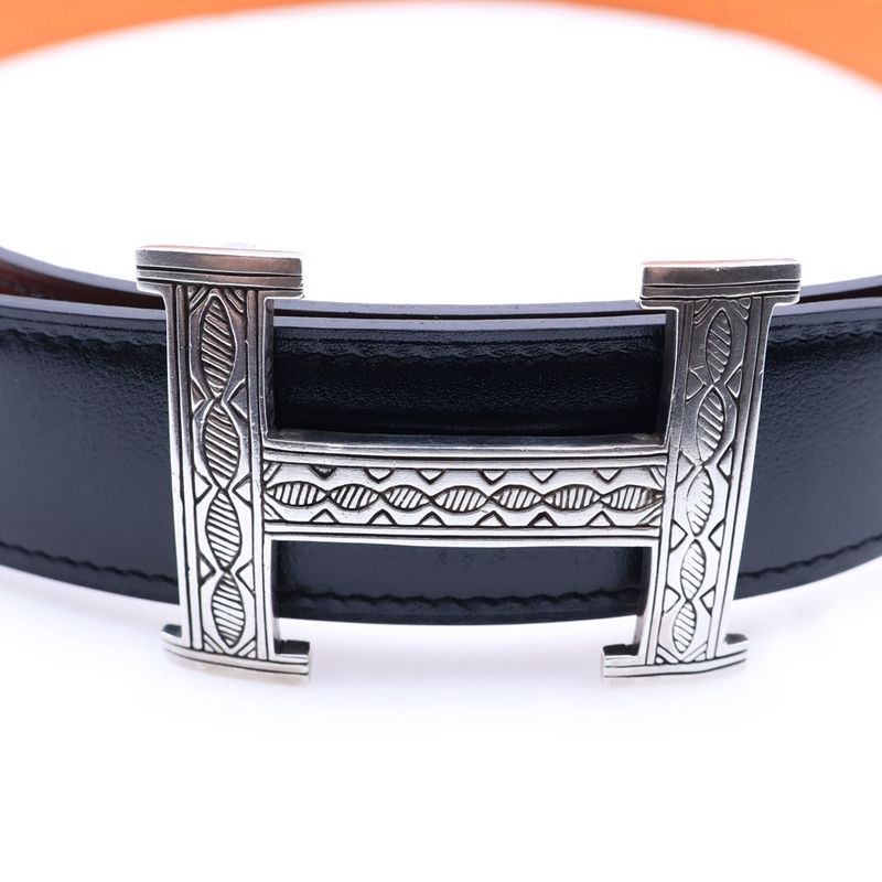 Hermes Touareg Buckle Silver Reversible Leather Black Orange