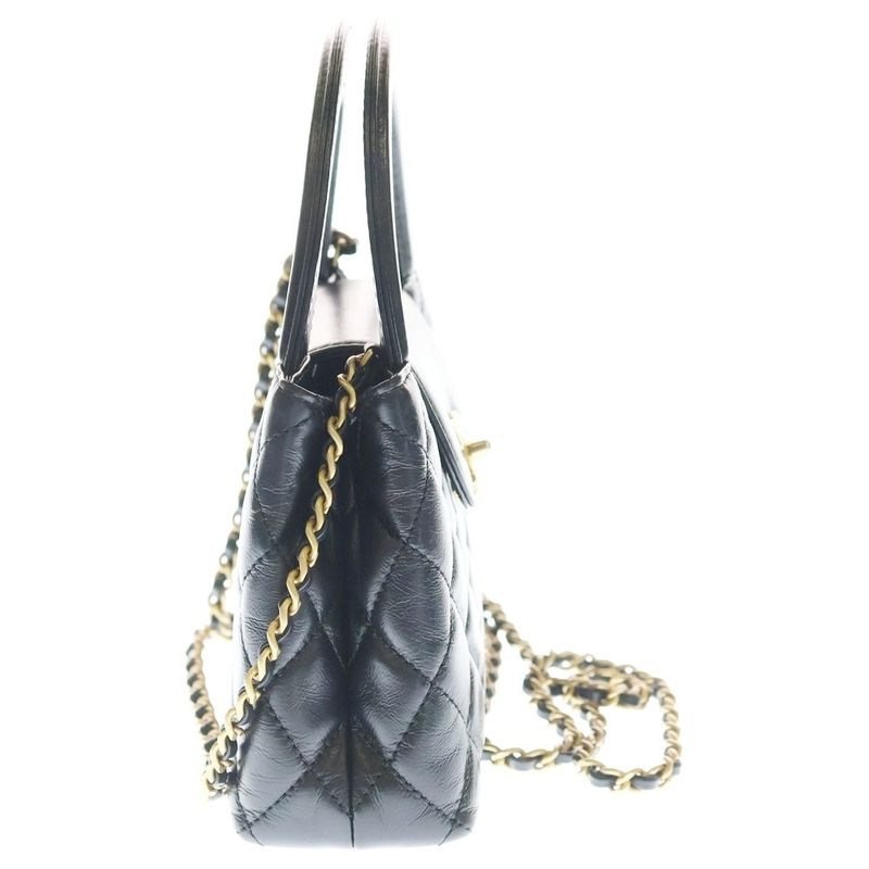 Chanel Quilted Mini Shopping Bag Handbag Black Lambskin Gold