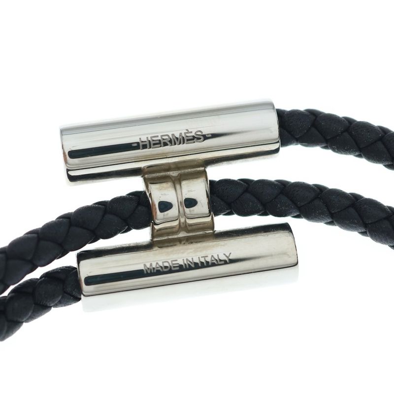 Hermes Tournis Tresse Logo Noir Black Leather Bracelet Silver