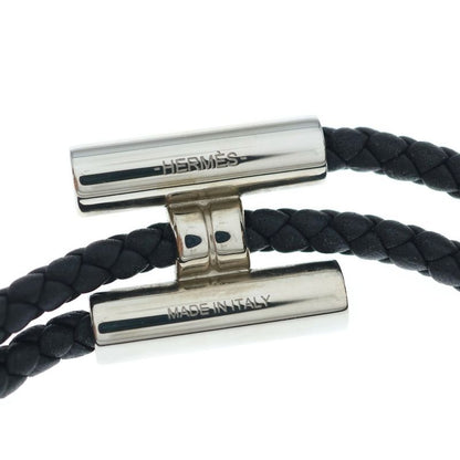 Hermes Tournis Tresse Logo Noir Black Leather Bracelet Silver