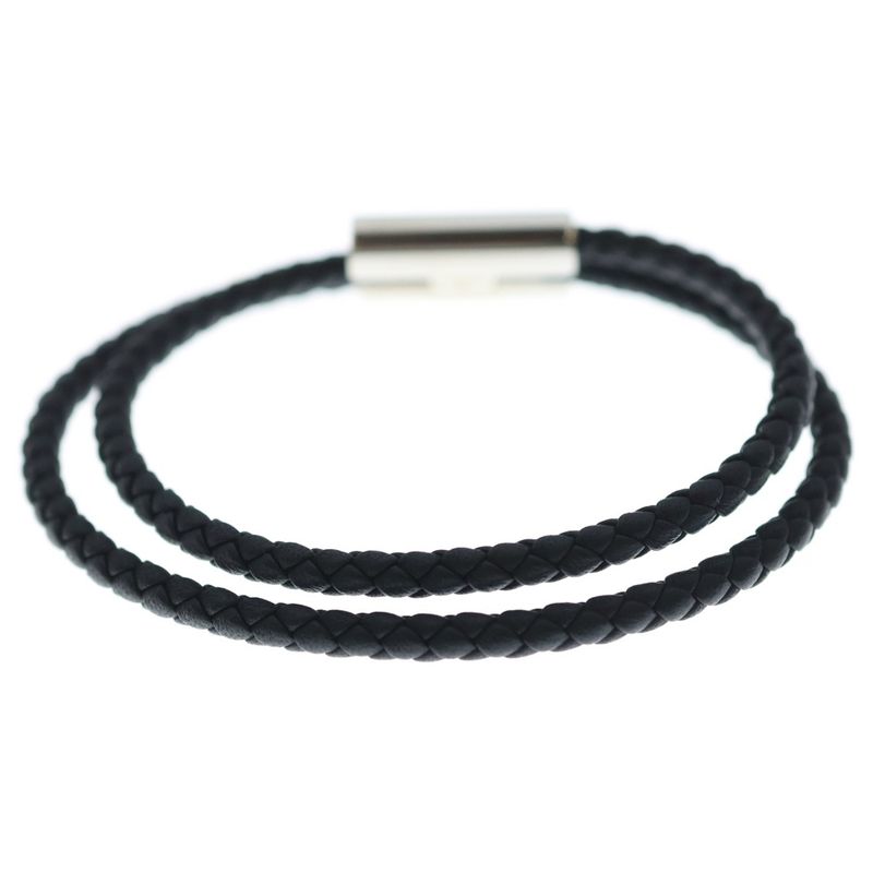 Hermes Tournis Tresse Logo Noir Black Leather Bracelet Silver