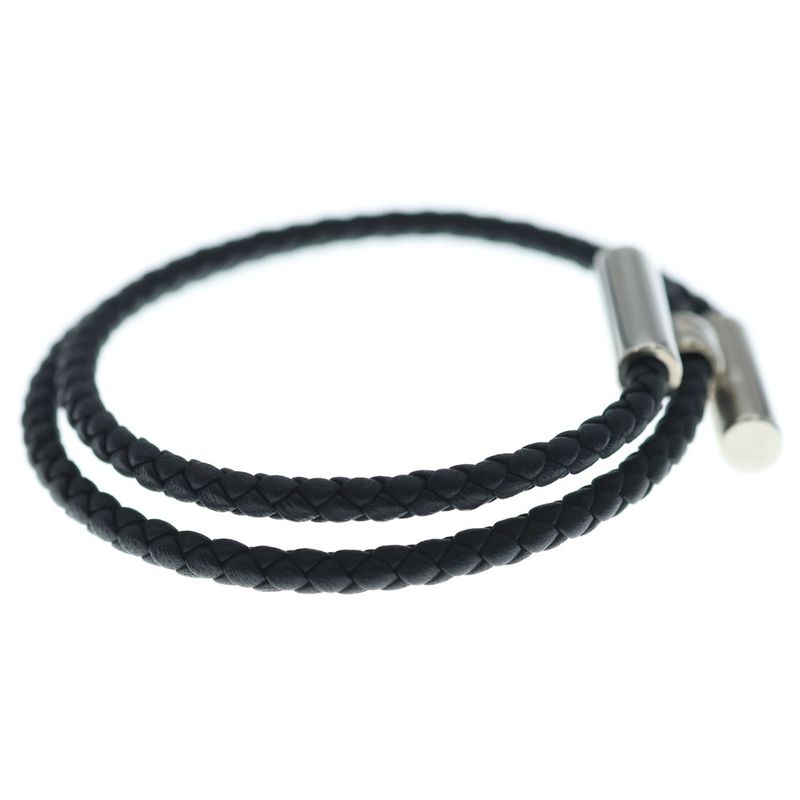Hermes Tournis Tresse Logo Noir Black Leather Bracelet Silver