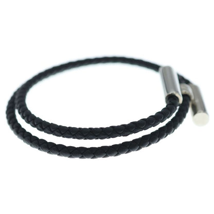 Hermes Tournis Tresse Logo Noir Black Leather Bracelet Silver