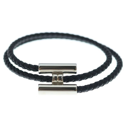 Hermes Tournis Tresse Logo Noir Black Leather Bracelet Silver