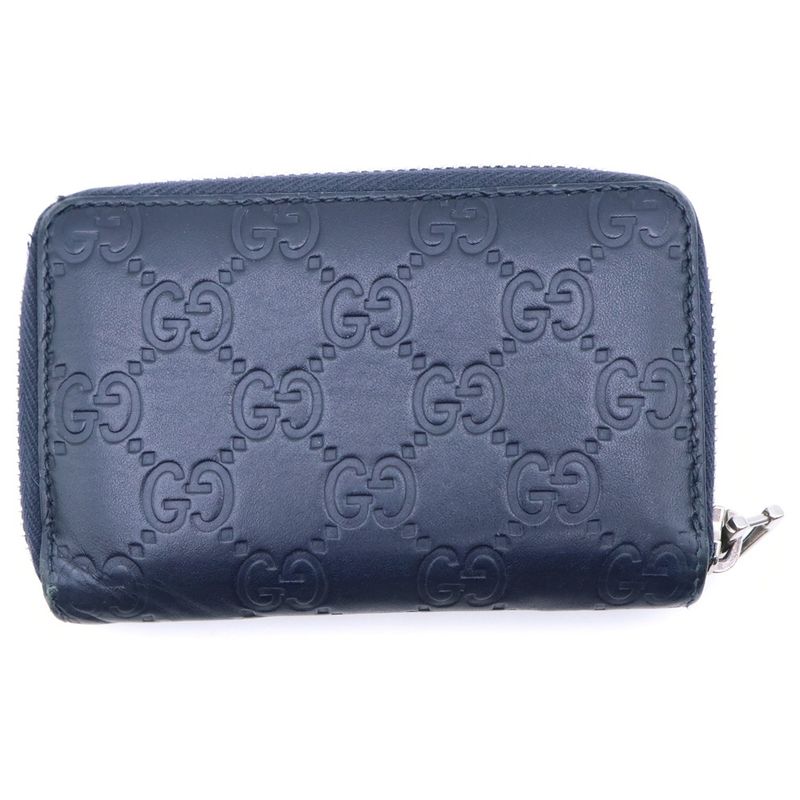 Gucci GG Supreme Zip Around Card Case Coin Navy Leather Silver Dark
