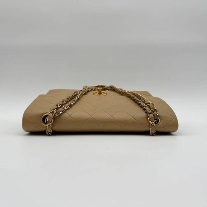Chanel Shoulder Bag Lambskin Quilted CC Logo Turnlock Double Flap Gold Chain
