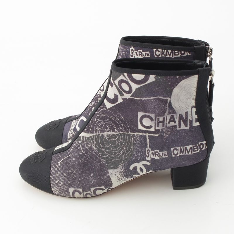 Chanel Camellia Cap Lambskin Grosgrain Logo Print CC Embroidery Boot Gray Black