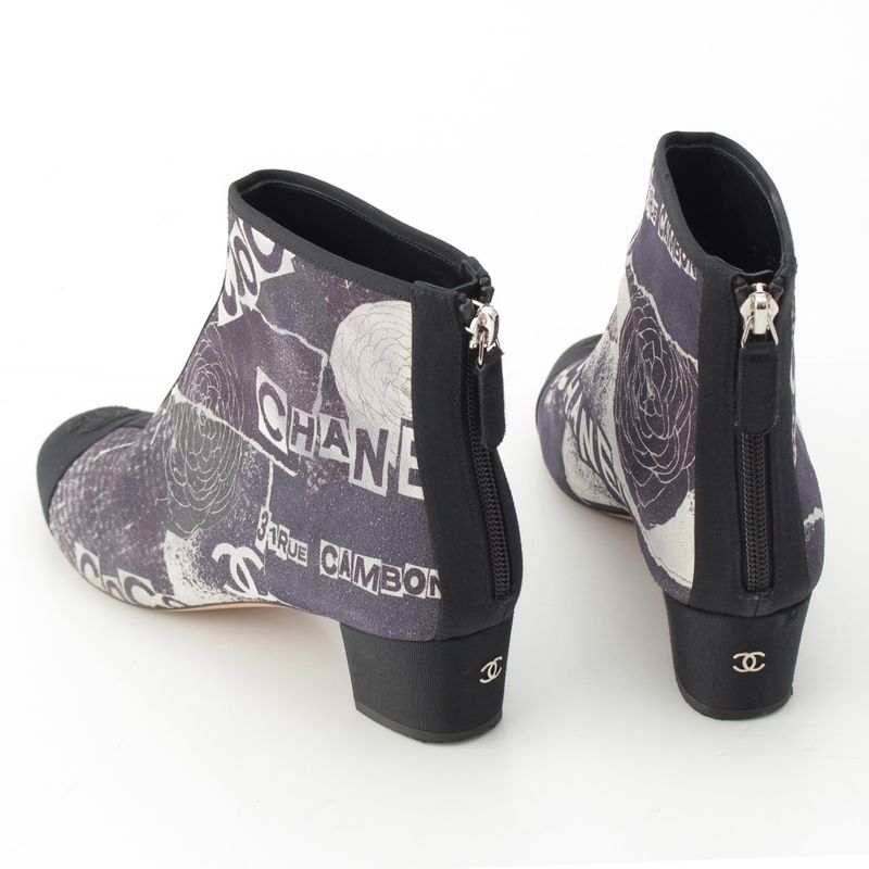 Chanel Camellia Cap Lambskin Grosgrain Logo Print CC Embroidery Boot Gray Black