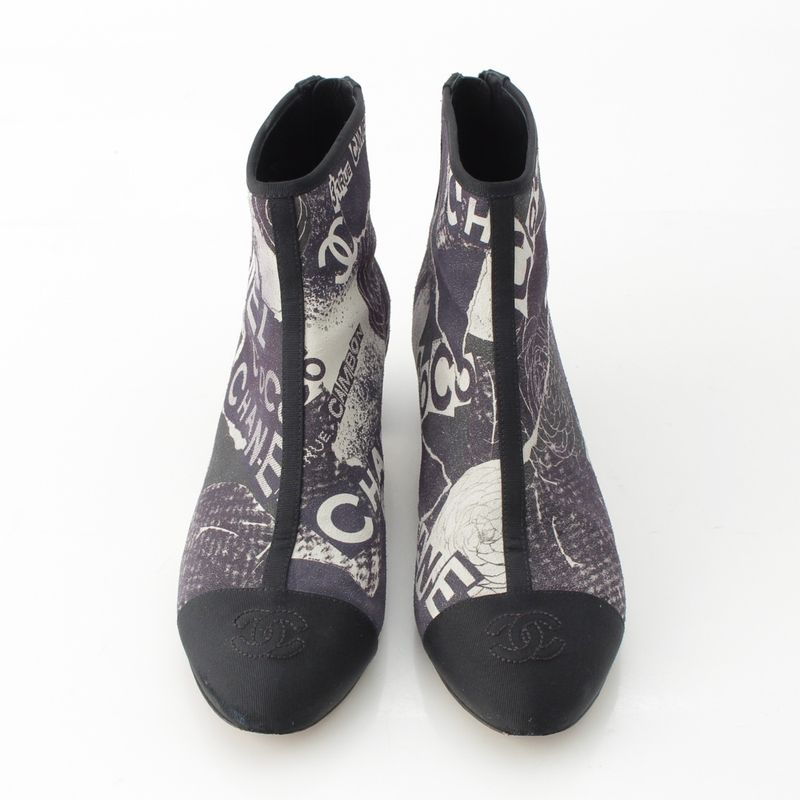 Chanel Camellia Cap Lambskin Grosgrain Logo Print CC Embroidery Boot Gray Black