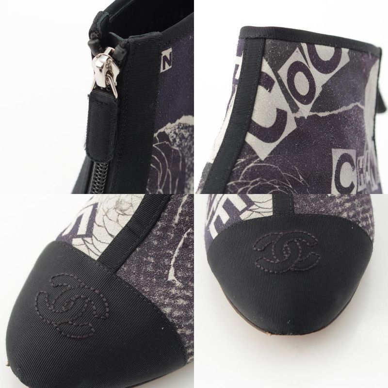 Chanel Camellia Cap Lambskin Grosgrain Logo Print CC Embroidery Boot Gray Black