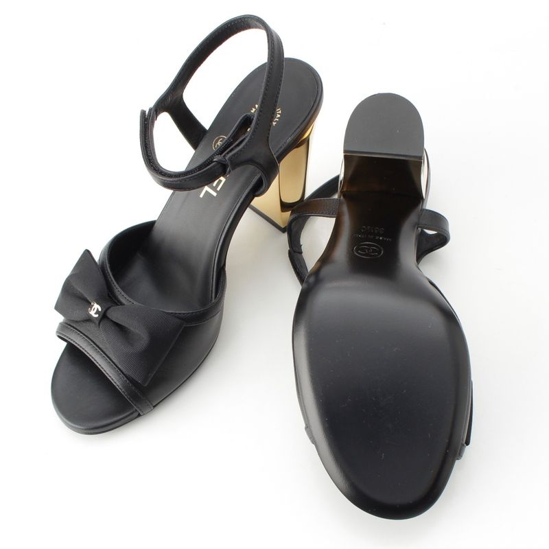 Chanel Leather CC Logo Strap Ribbon Sandals Shoes Black Gold 36 1