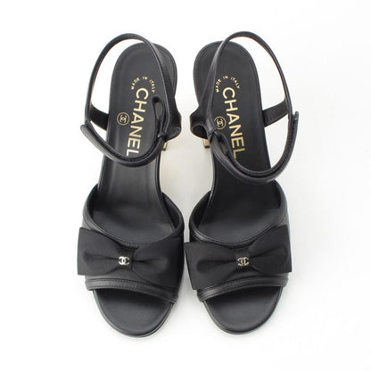 Chanel Leather CC Logo Strap Ribbon Sandals Shoes Black Gold 36 1