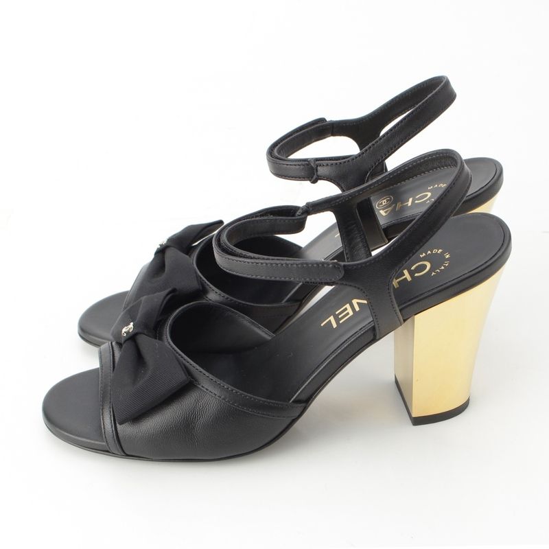 Chanel Leather CC Logo Strap Ribbon Sandals Shoes Black Gold 36 1