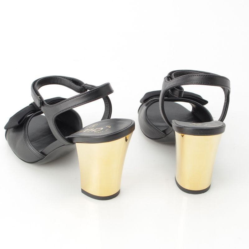 Chanel Leather CC Logo Strap Ribbon Sandals Shoes Black Gold 36 1