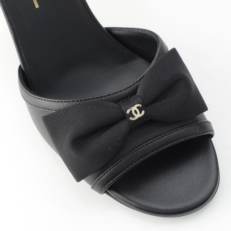 Chanel Leather CC Logo Strap Ribbon Sandals Shoes Black Gold 36 1