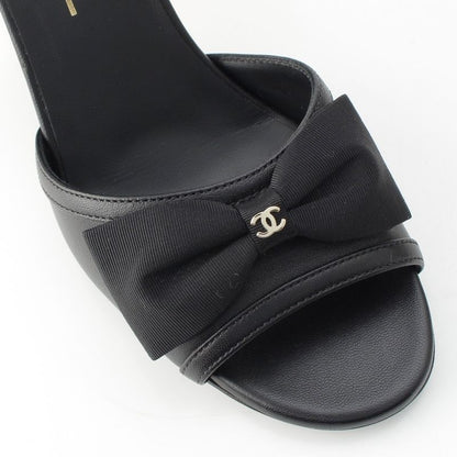 Chanel Leather CC Logo Strap Ribbon Sandals Shoes Black Gold 36 1