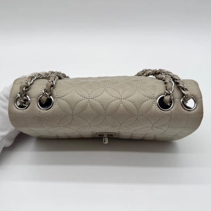 Chanel Large Shoulder Bag Flower Stitch CC Logo Turnlock Silver Chain Gray