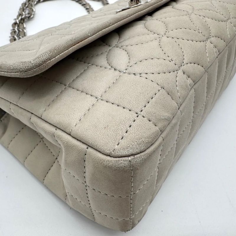 Chanel Large Shoulder Bag Flower Stitch CC Logo Turnlock Silver Chain Gray