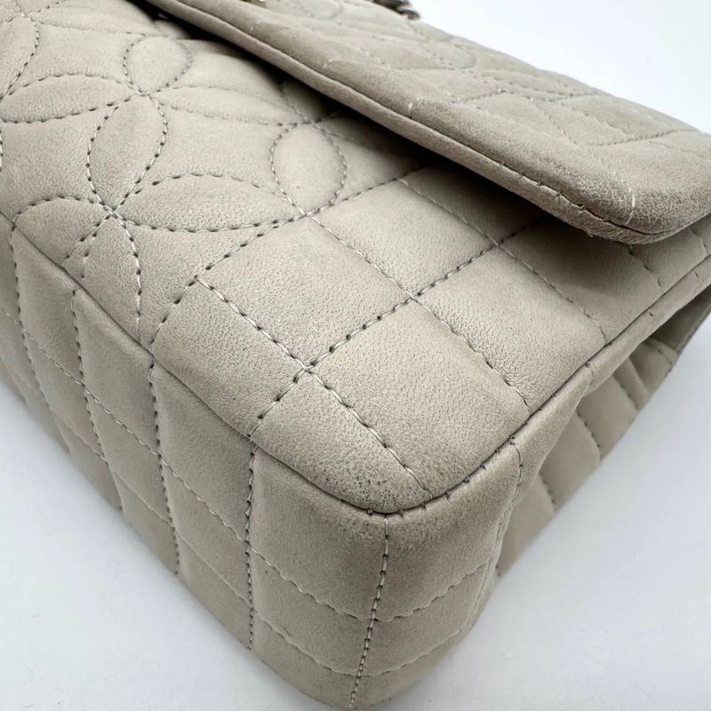 Chanel Large Shoulder Bag Flower Stitch CC Logo Turnlock Silver Chain Gray
