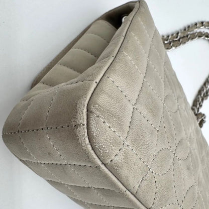 Chanel Large Shoulder Bag Flower Stitch CC Logo Turnlock Silver Chain Gray