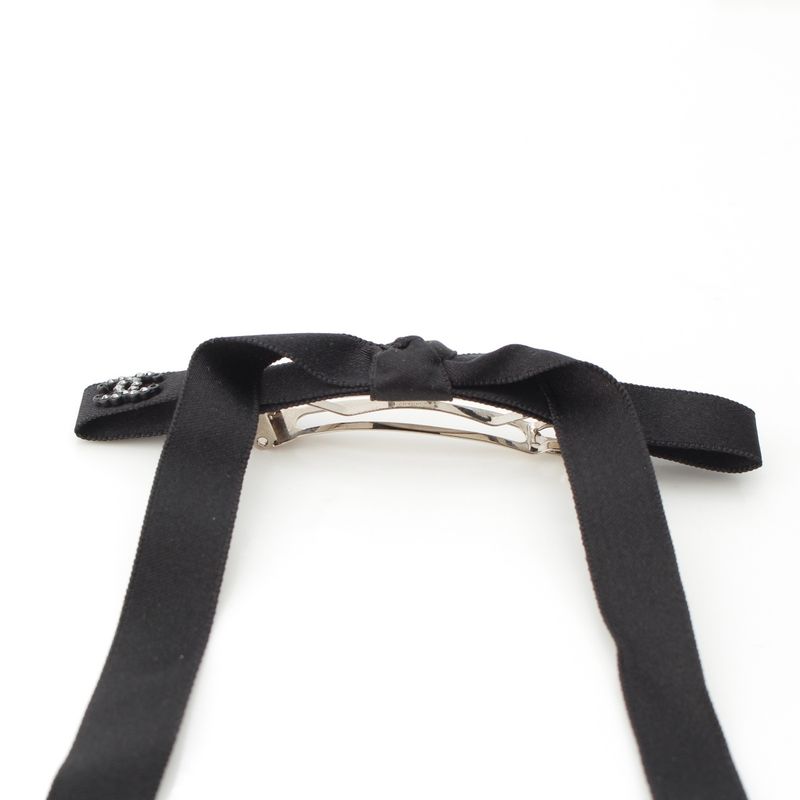 Chanel CC Logo Bijou Silk Ribbon Barrette Hair Black