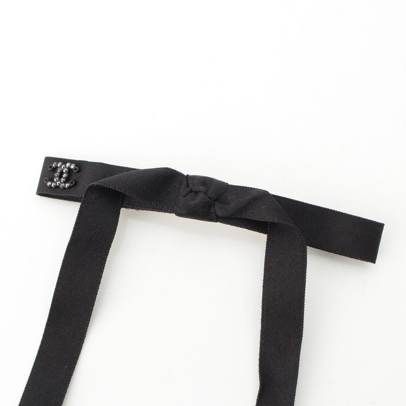 Chanel CC Logo Bijou Silk Ribbon Barrette Hair Black