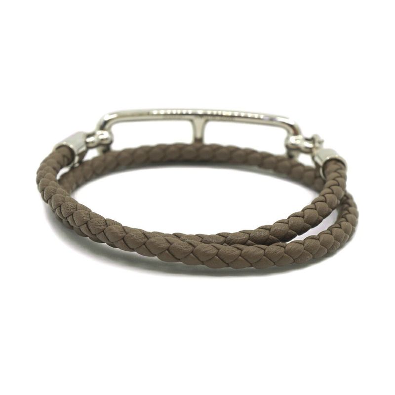 Hermes Leather Bracelet Ruri Double Tour Gray Silver