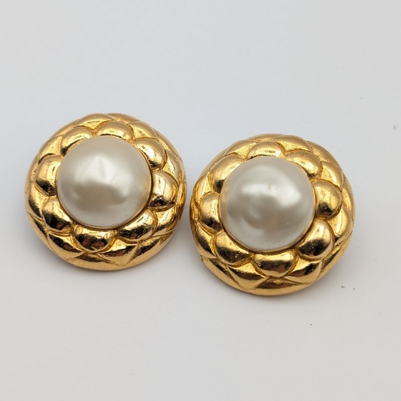 Chanel Earrings Camellia Faux Pearl Gold Large