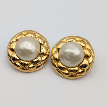 Chanel Earrings Camellia Faux Pearl Gold Large