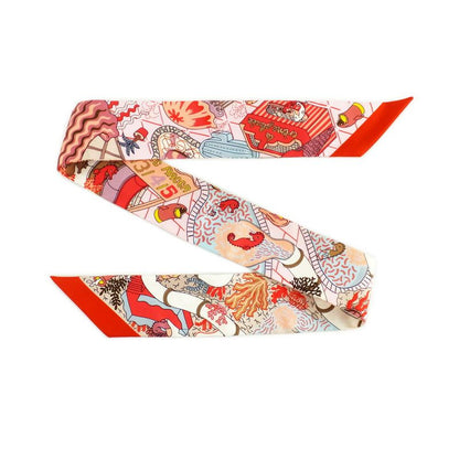 Hermes Twilly Splash Park Seahorse Red Multicolor Silk Scarf