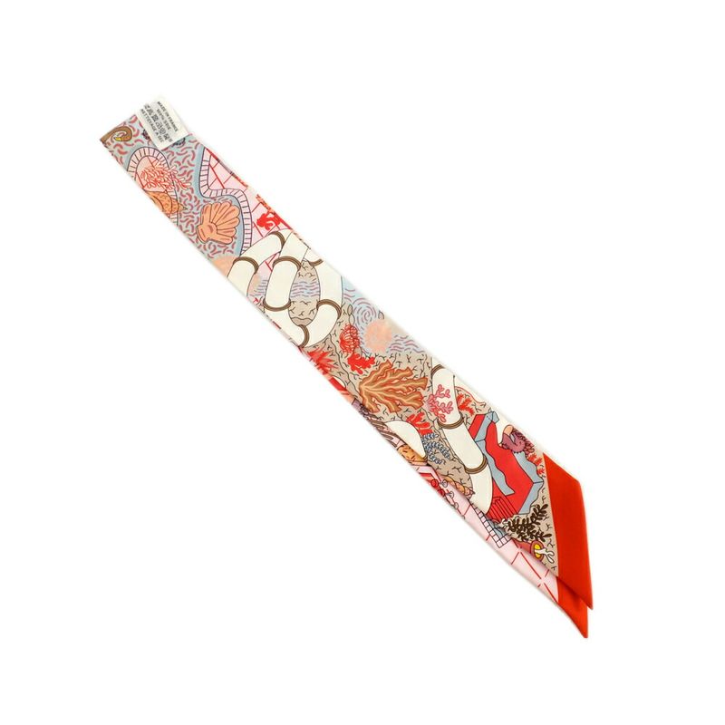 Hermes Twilly Splash Park Seahorse Red Multicolor Silk Scarf