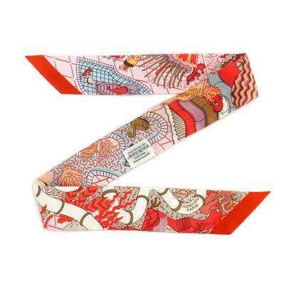 Hermes Twilly Splash Park Seahorse Red Multicolor Silk Scarf