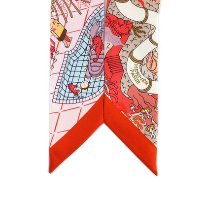 Hermes Twilly Splash Park Seahorse Red Multicolor Silk Scarf