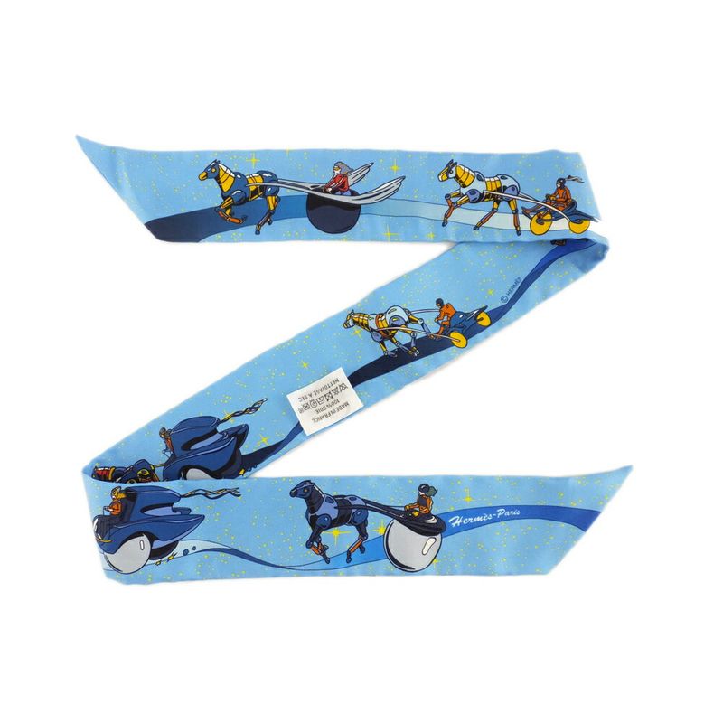 Hermes Twilly Space Darby Light Blue Silk All Over Pattern Scarf