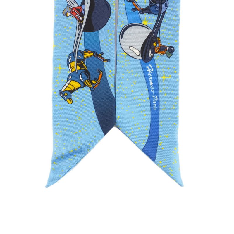 Hermes Twilly Space Darby Light Blue Silk All Over Pattern Scarf