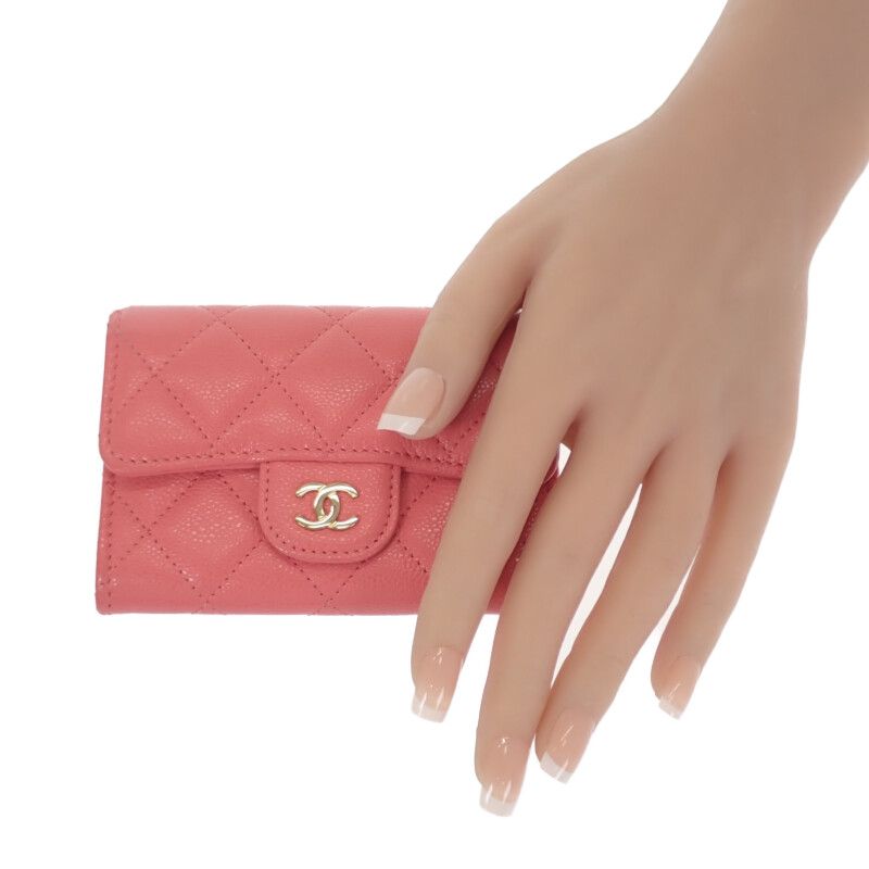 Chanel Classic Flap Card Case Coin Caviar Leather Pink CC Logo Gold Handbag