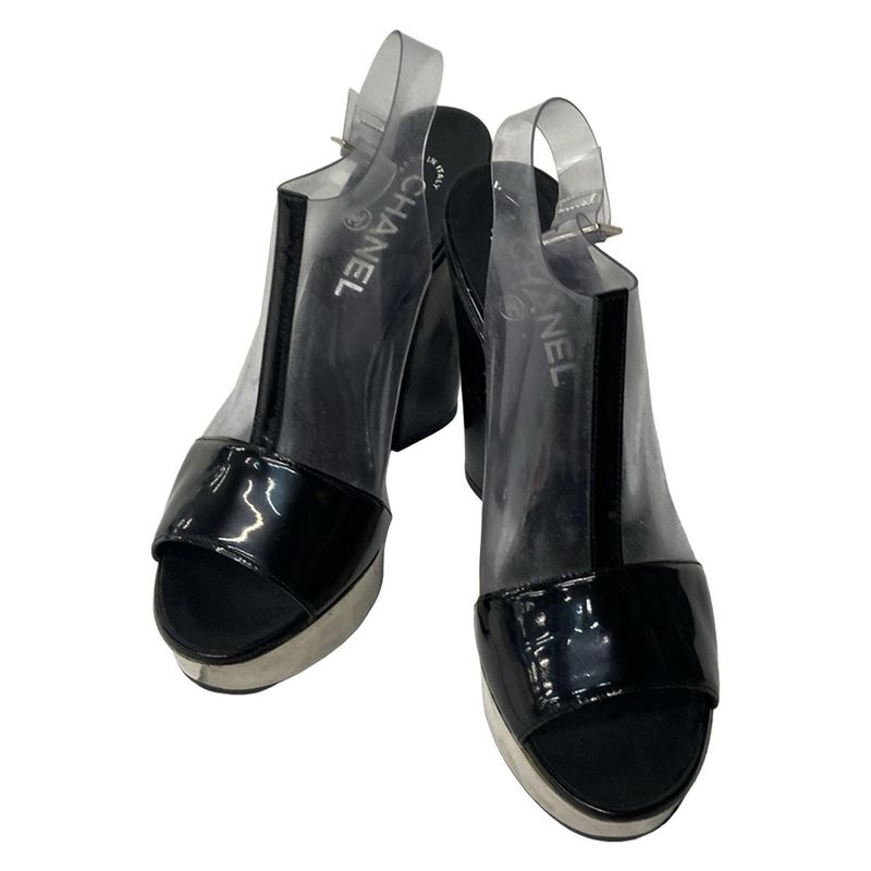 Chanel Sandals 36.5 Black Clear Wedge Sole Leather