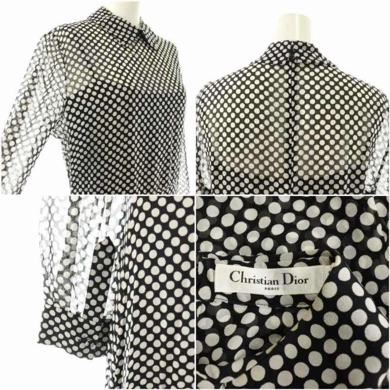 Dior Dress Sheer Maxi Long Sleeve Regular Color Dot Pattern Black