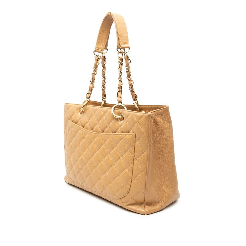 Chanel CC Logo Quilted Grand Shopping Tote GST Chain Beige Caviar Leather