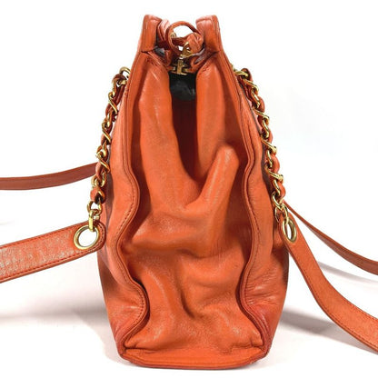 Chanel Shoulder Bag CC Logo Leather Orange Gold