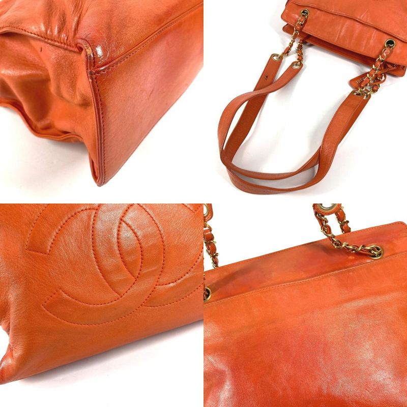 Chanel Shoulder Bag CC Logo Leather Orange Gold