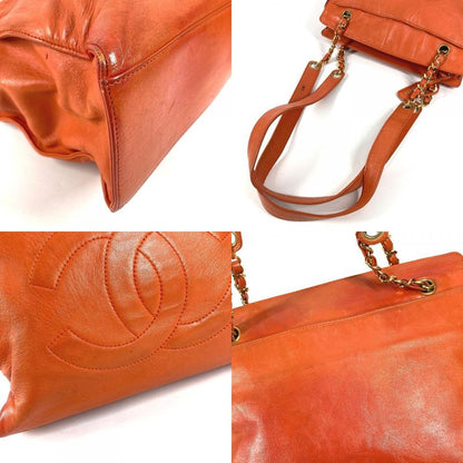 Chanel Shoulder Bag CC Logo Leather Orange Gold