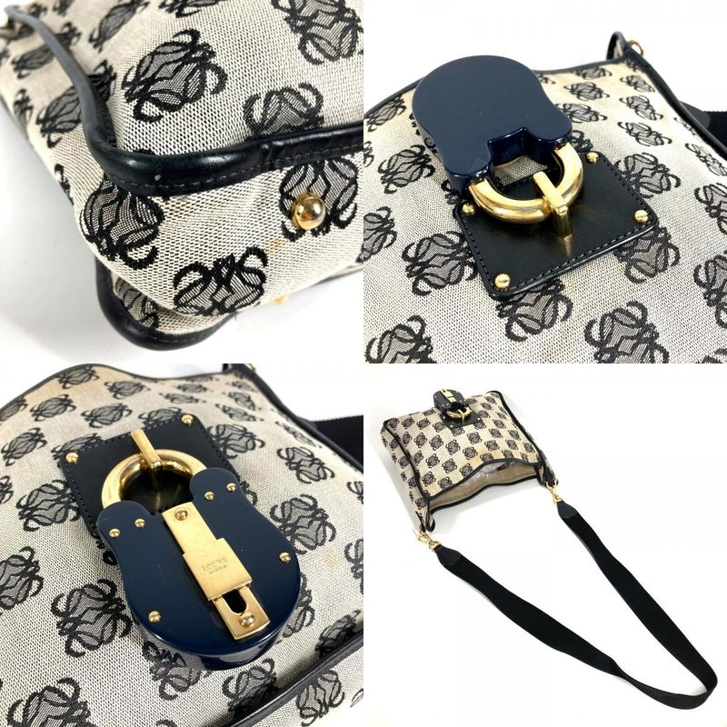 Loewe Shoulder Bag Padlock Logo Leather Canvas Black Gray