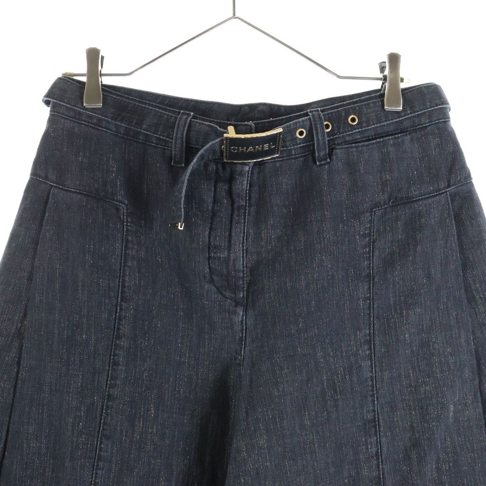 Chanel Lame Logo Buckle Belt Super Wide Denim Pants Black — view 3